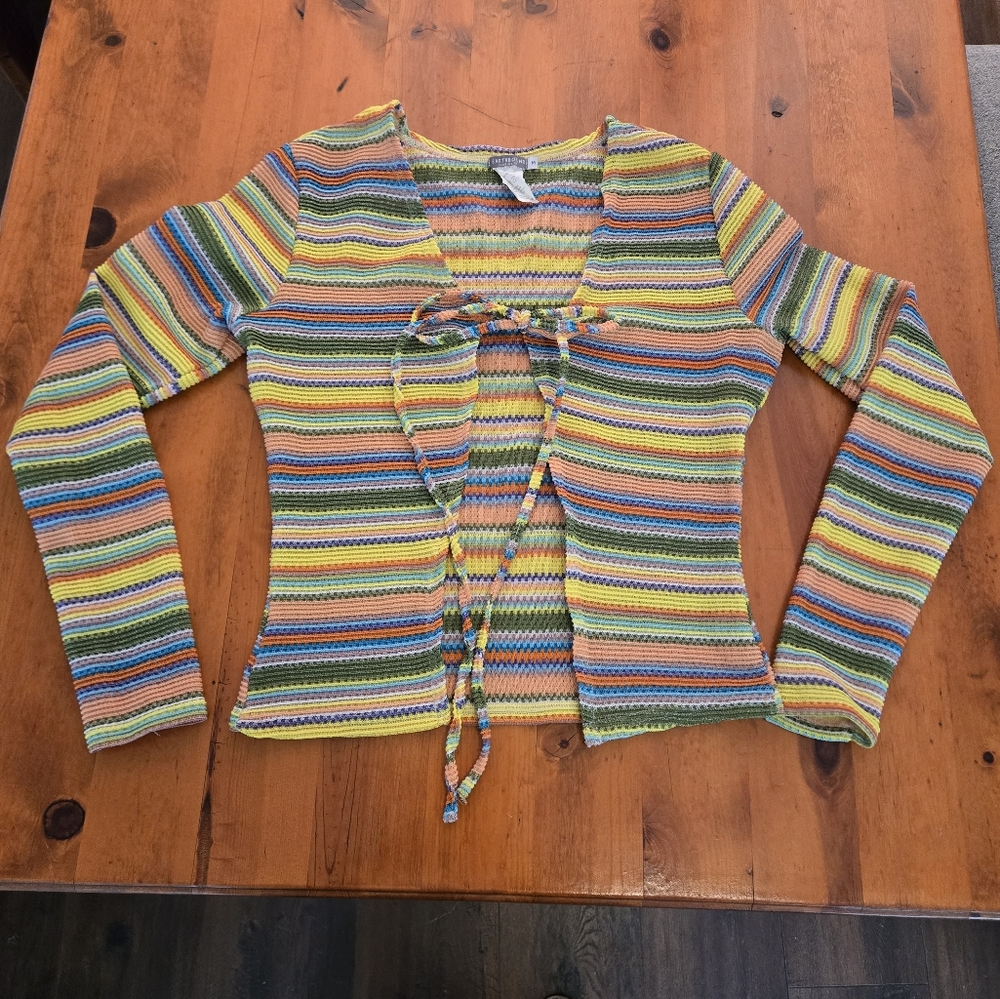 Earthbound Trading Co Colorful Striped Rainbow Cardigan Front Tie Knit Medium